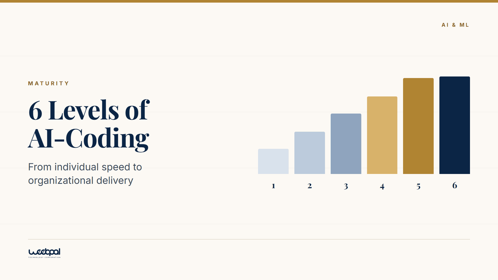 Six bars rising left to right and numbered one to six on a warm light ground, beside the title "6 Levels of AI-Coding" and the line from individual speed to organizational delivery