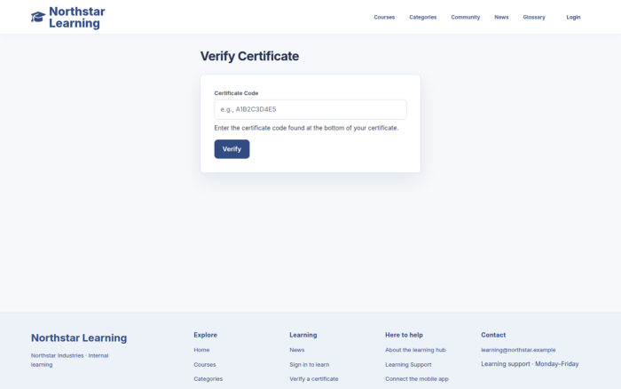 The public Verify Certificate page checks a certificate code without signing in.