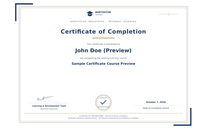 The certificate template preview shows the layout, branding and certificate fields.