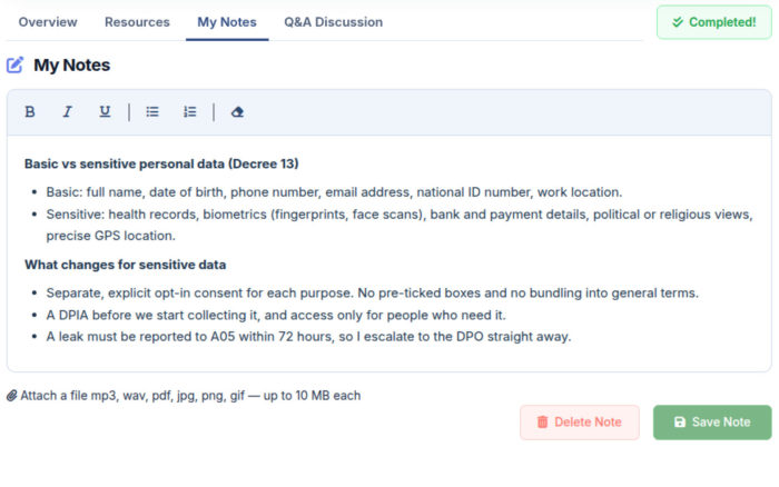 My Notes keeps saved notes in the lesson context; Resources and enabled Q&A offer supporting information.