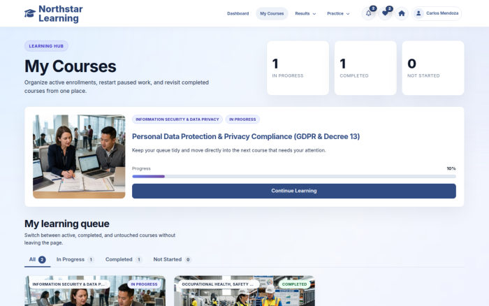 My Courses keeps enrolled courses, their progress and Start, Continue or Review actions together.