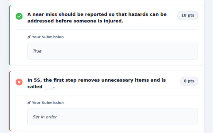 Review saved answers with correct and incorrect markings and the points awarded.
