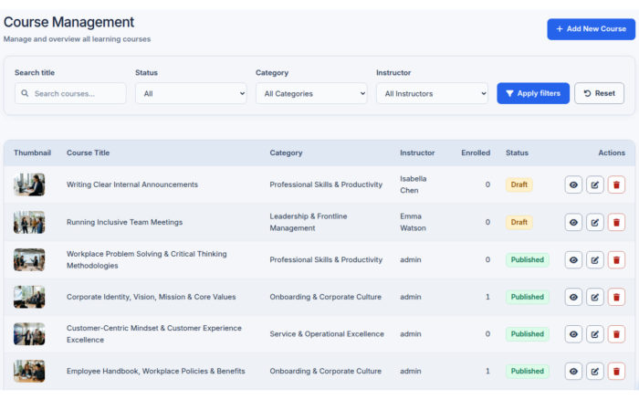 Course Management brings the course list, instructors, enrollment and publication status together.