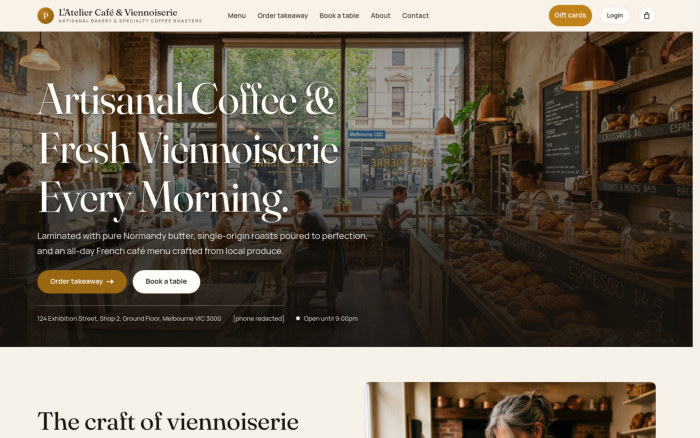 The café website introduces its atmosphere, menu and service choices.