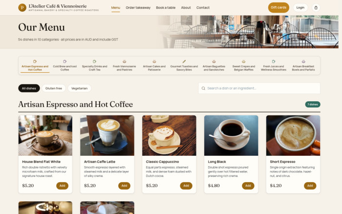 Guests browse menu categories and dietary filters.