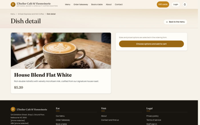 A dish page shows its price, description and relevant options.