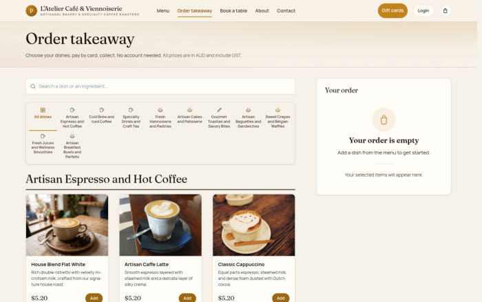 The takeaway menu offers a separate guest ordering entry point.