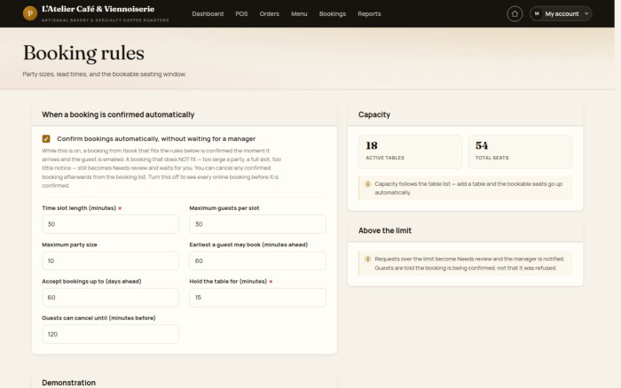 Booking rules define capacity and the reservation window.