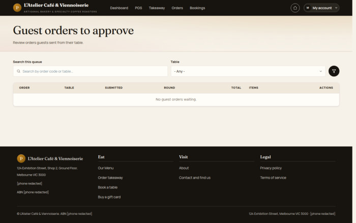 Incoming guest table orders appear in the approval queue.