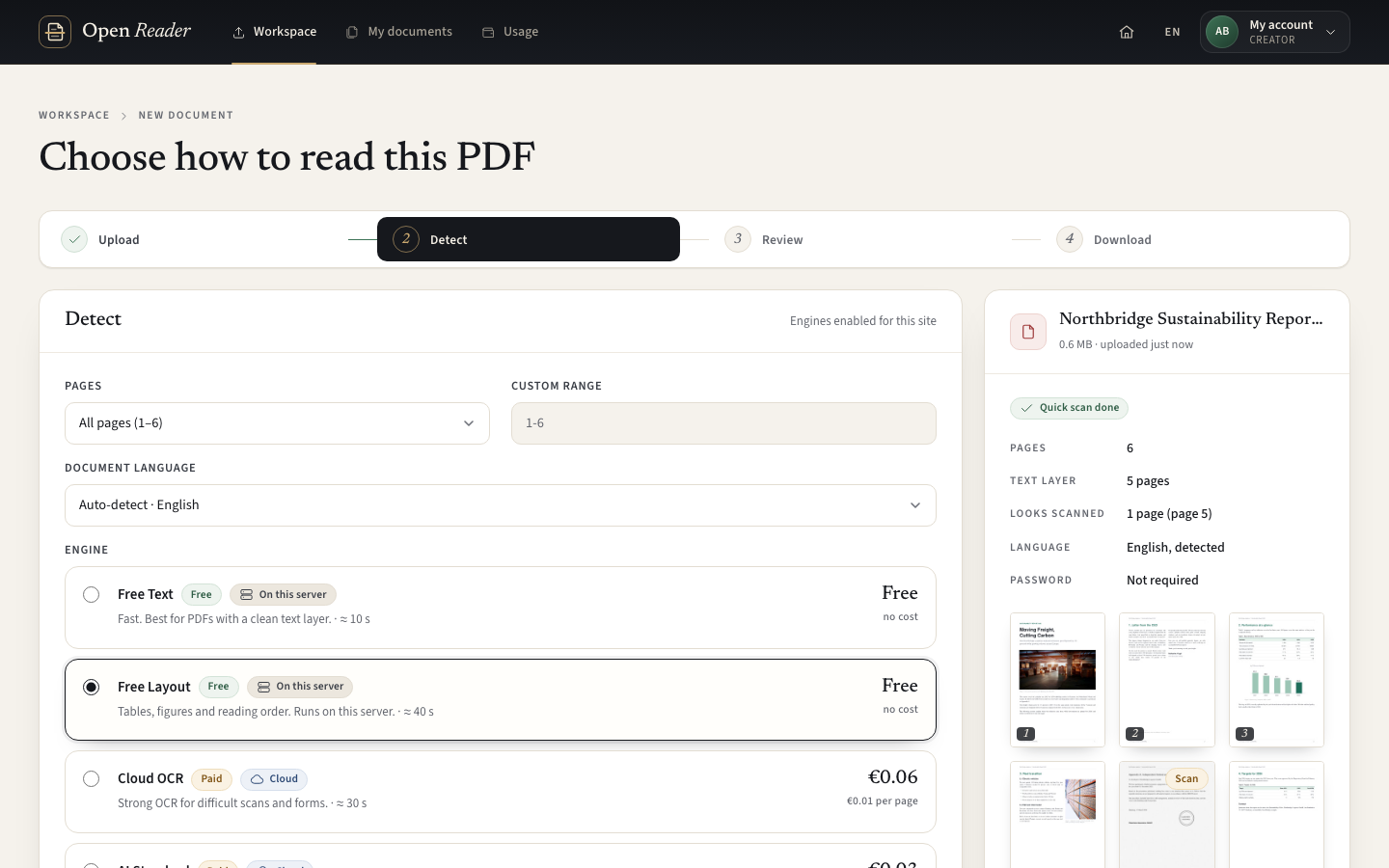 Detect prototype: engine selection, page range and the estimated cost.