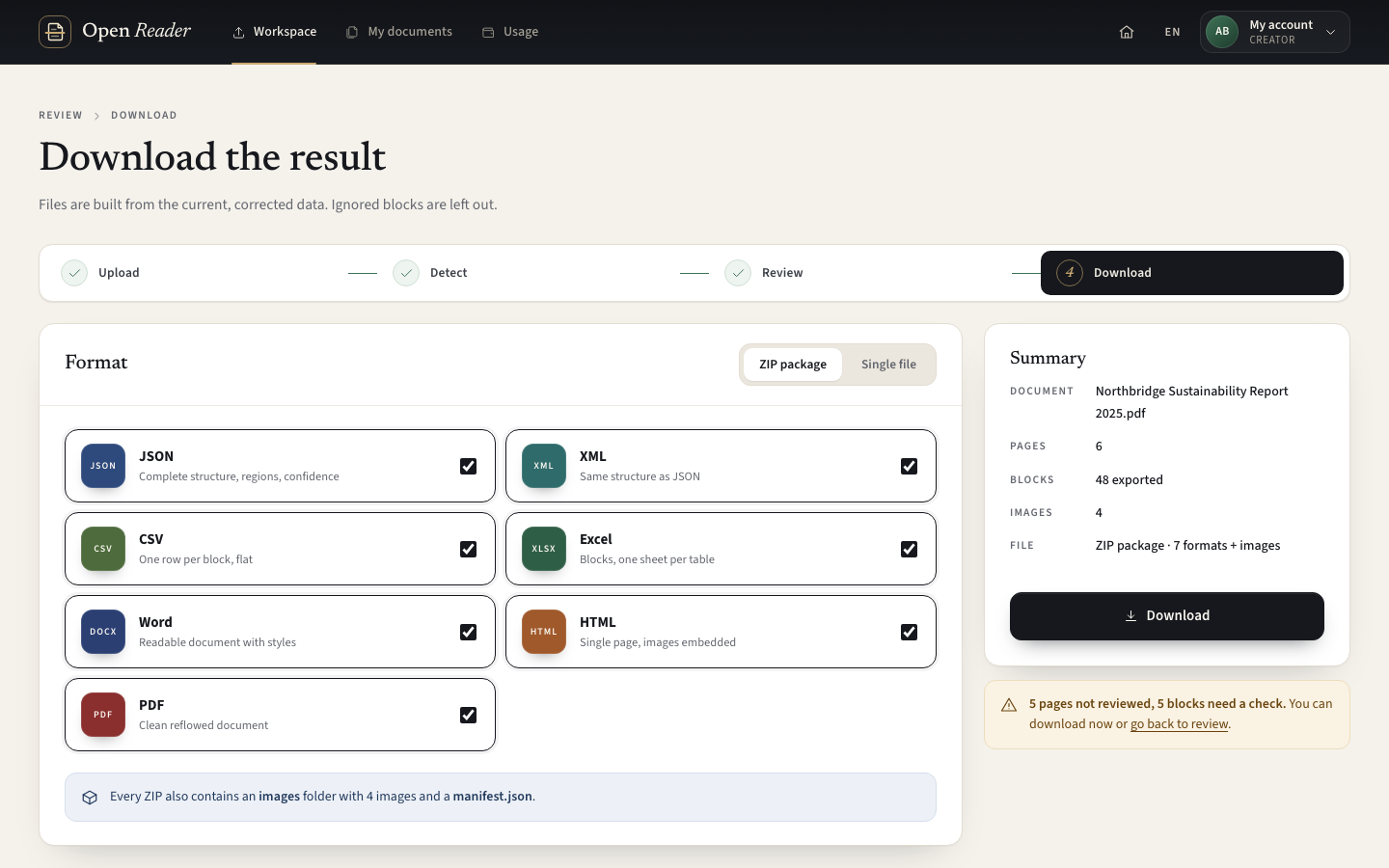 Choose a format or package selected exports and images in a ZIP.