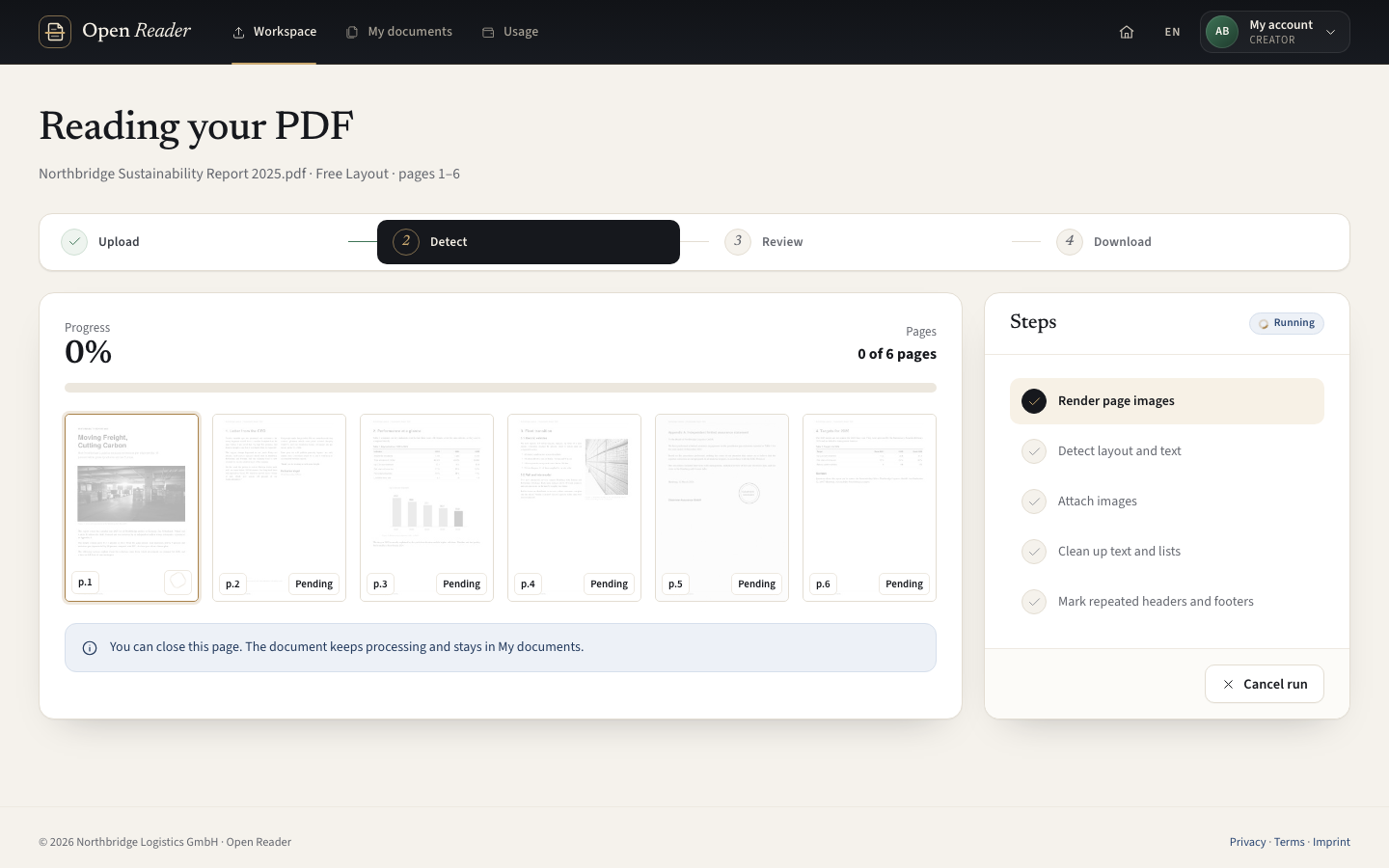 Track progress and page status while the run is being processed.