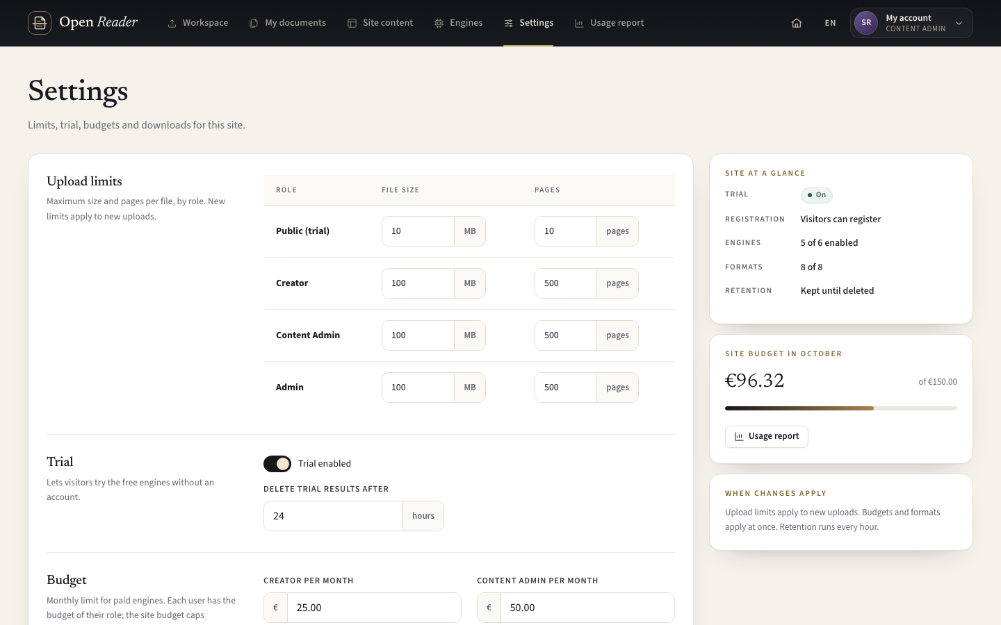 Set role limits, retention and monthly budgets for the instance.
