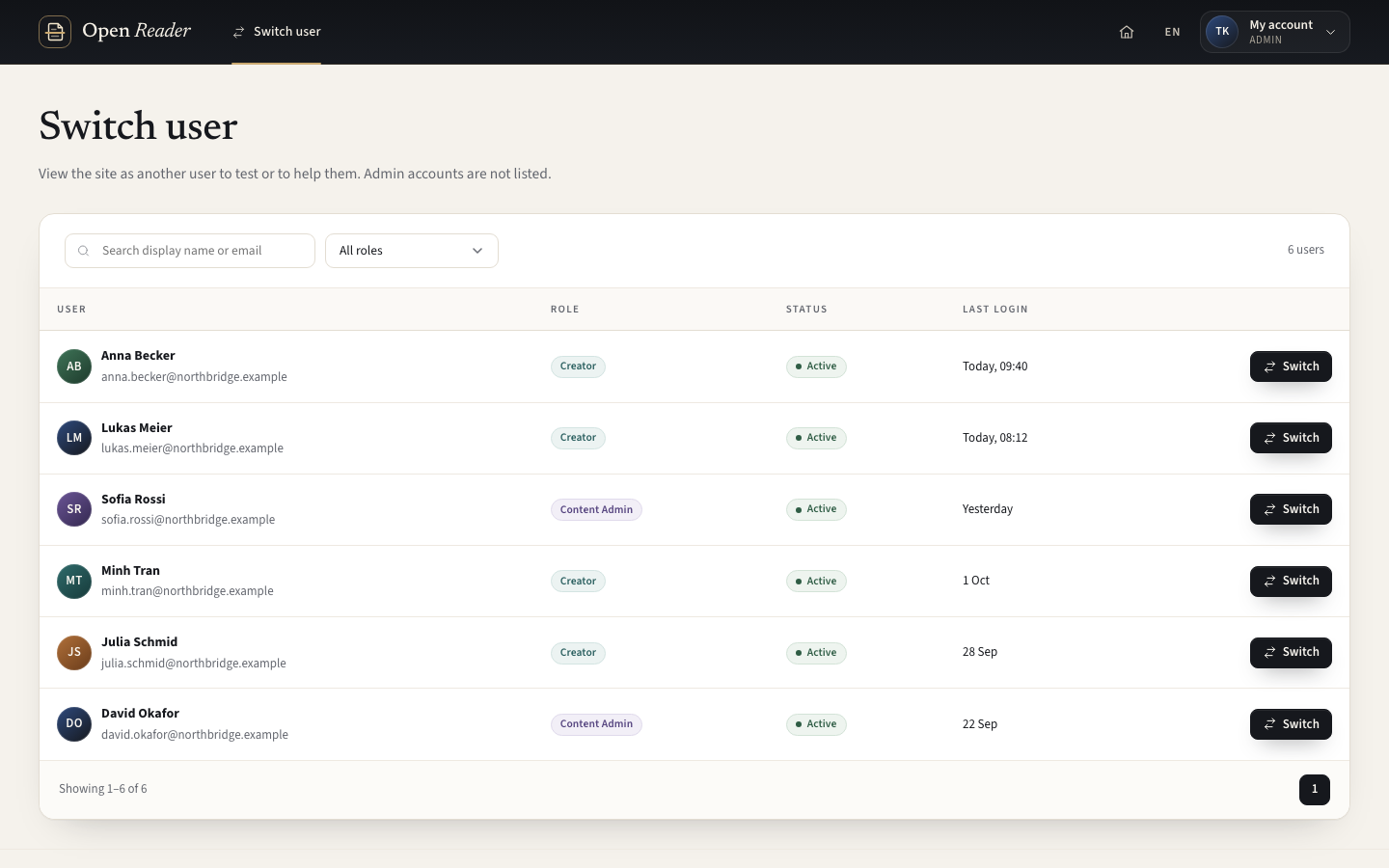 Admins can enter and leave an audited non-admin support session.