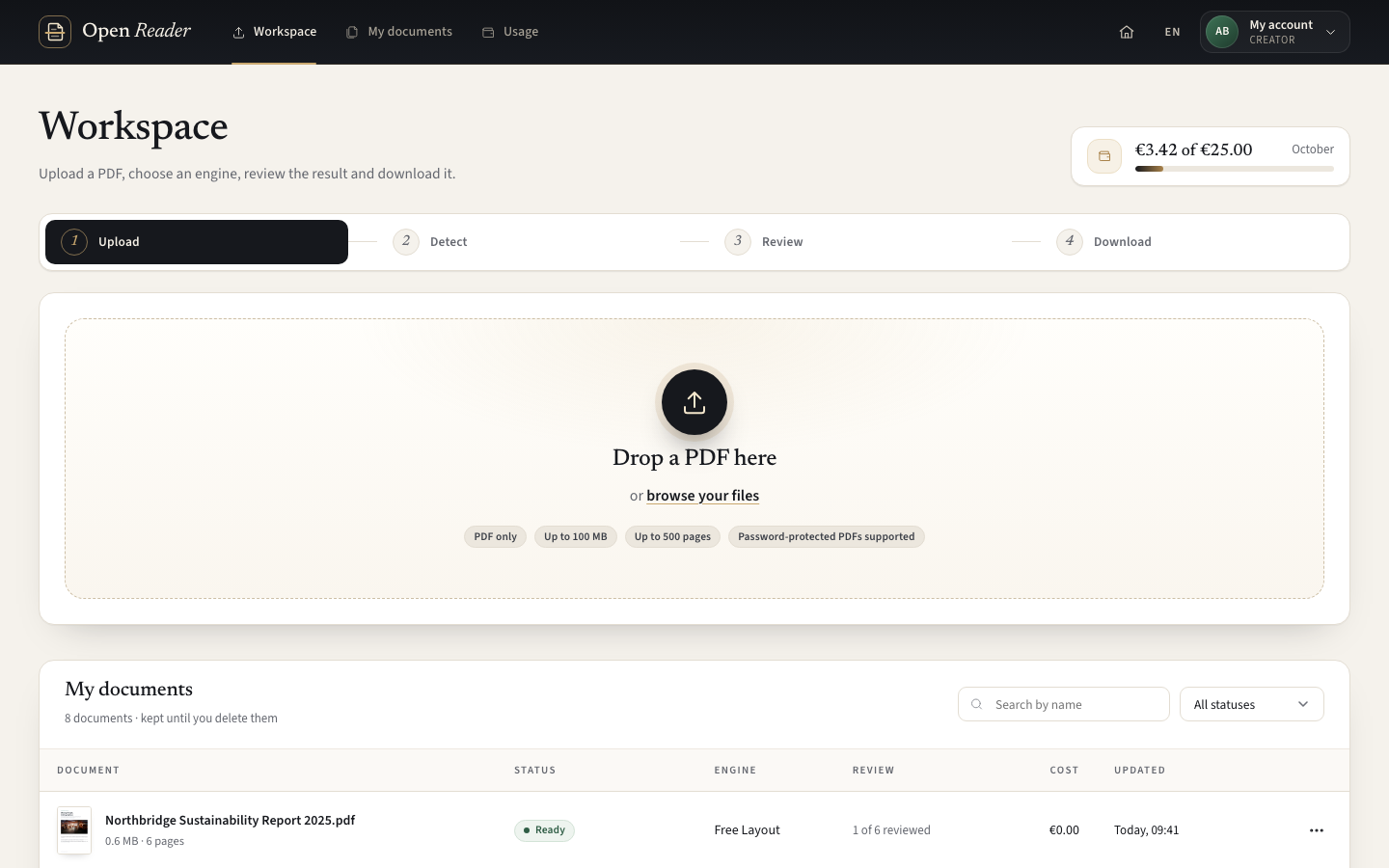The workspace prototype brings upload and My documents together.
