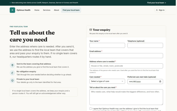 The care enquiry form starts office allocation and follow-up.