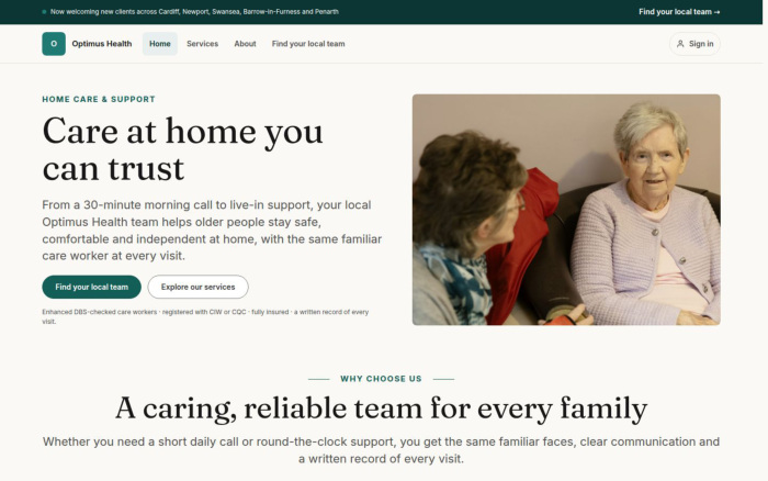 The branded care website introduces services and the enquiry route.