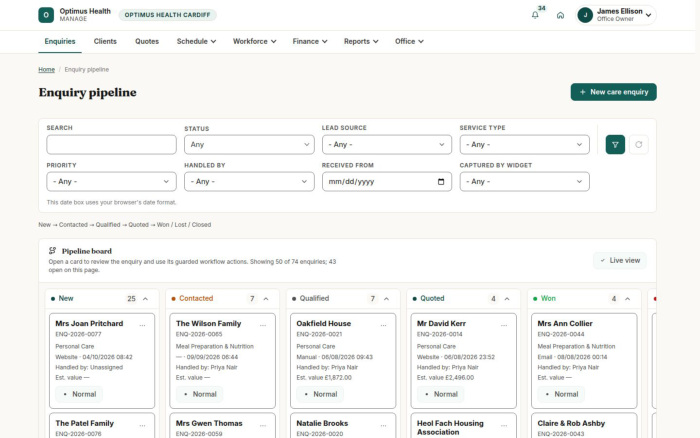 The office enquiry pipeline groups care requests by state.
