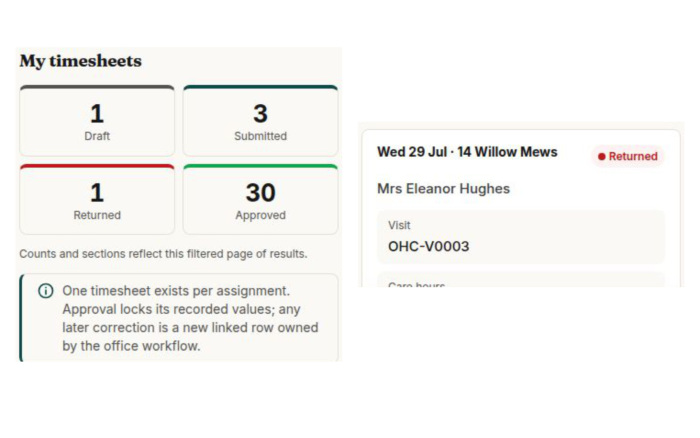 My timesheets: overview (left) and a returned record (right). Two excerpts of one phone capture.