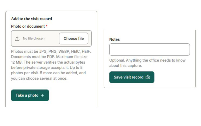 Visit records: photo input (left), note and Save (right). Two excerpts of one phone capture.