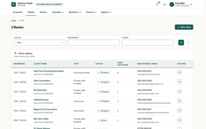 Client records link care contacts and locations.