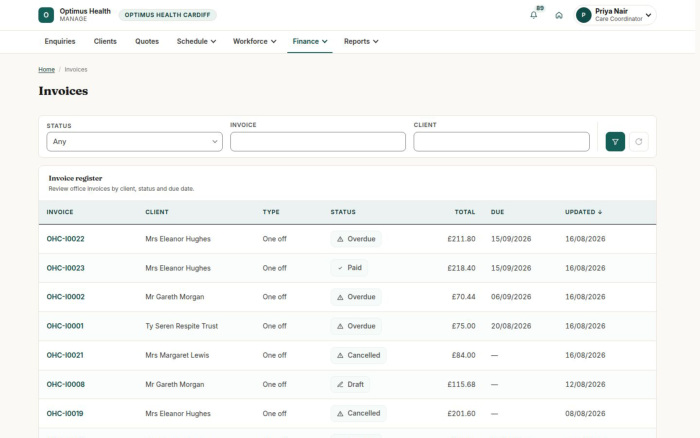 Invoices connect approved care work with office billing.