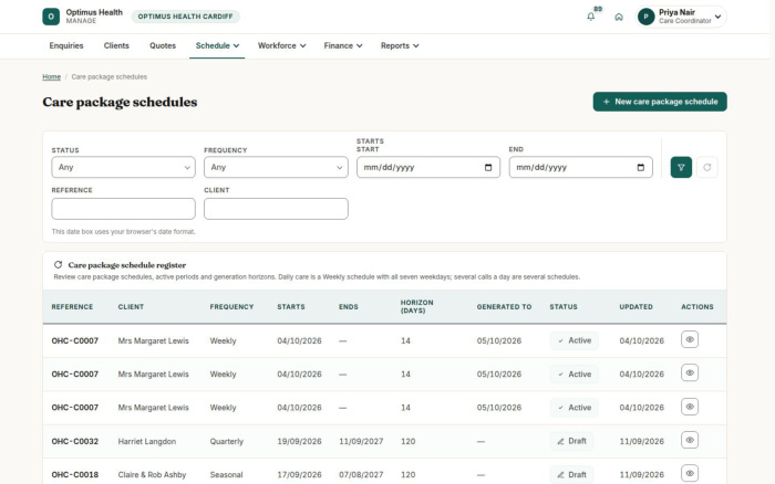 Care package schedules organise recurring visits.