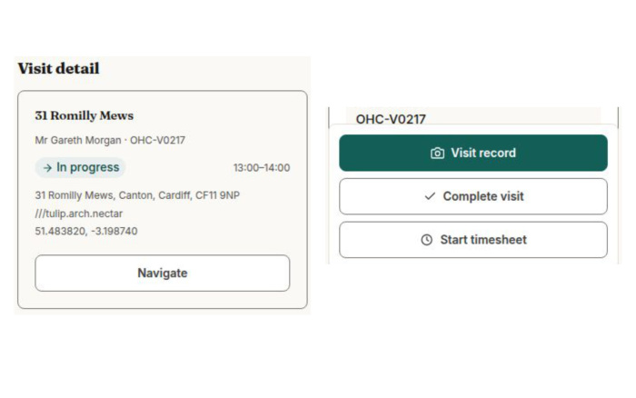 Two excerpts from one phone capture: assigned location on the left; visit actions on the right.