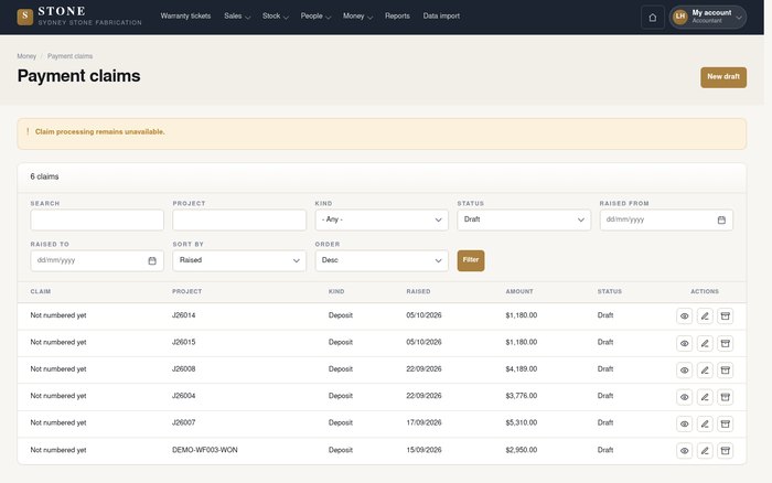 Review claim amounts and Draft status; the captured held banner predates collection updates.
