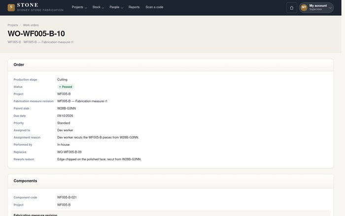 Read work order assignments, components and material references before checking stage progress.