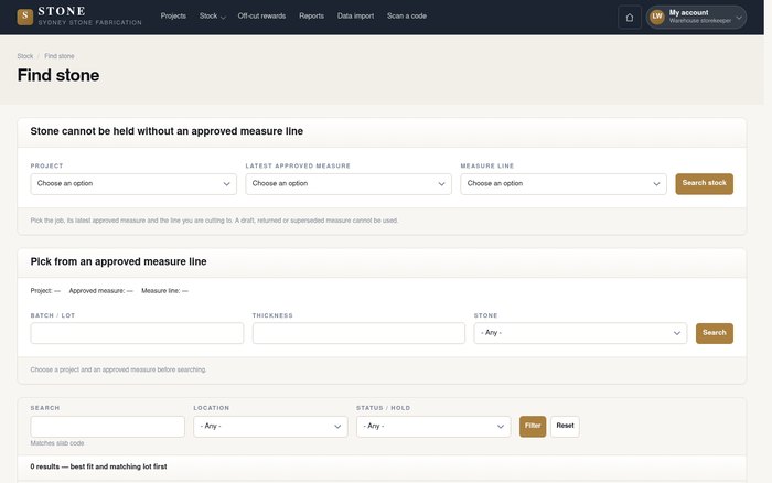 Choose a job and approved measured line, then search material by size, stone and location.
