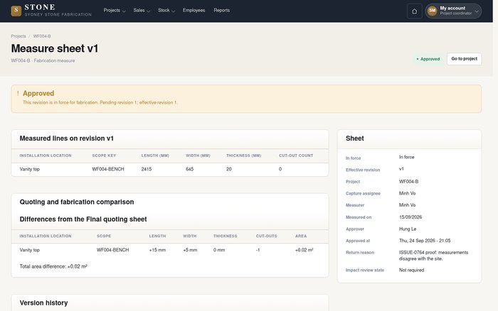 Review measured lines, the quoting comparison and version history before working from the approved revision.