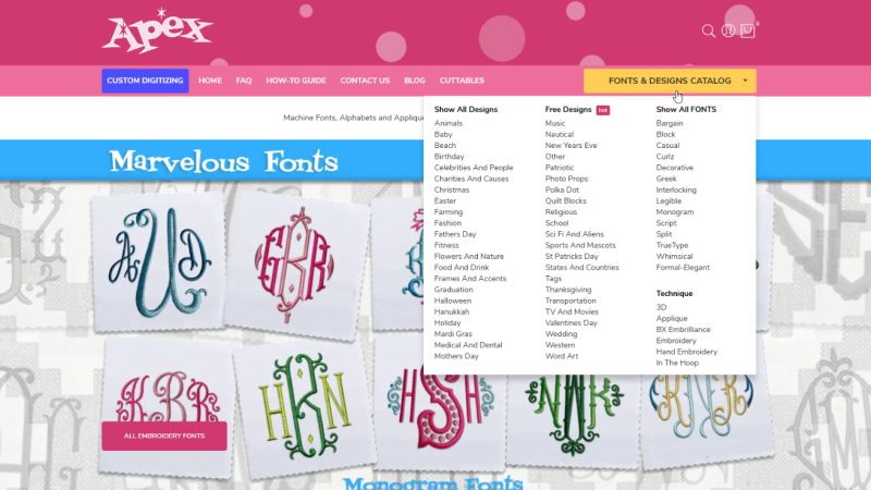 Apex Embroidery Designs catalogue menu listing design categories and font styles
