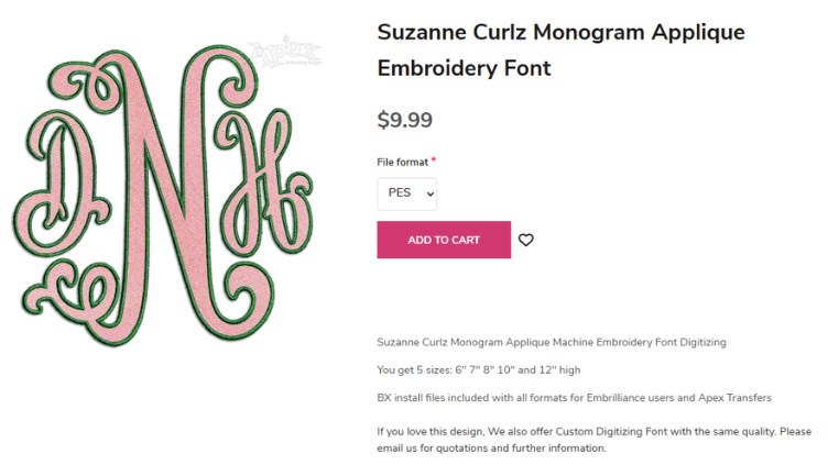 Apex Embroidery Designs product page with the design, its title, its price and an add to cart button