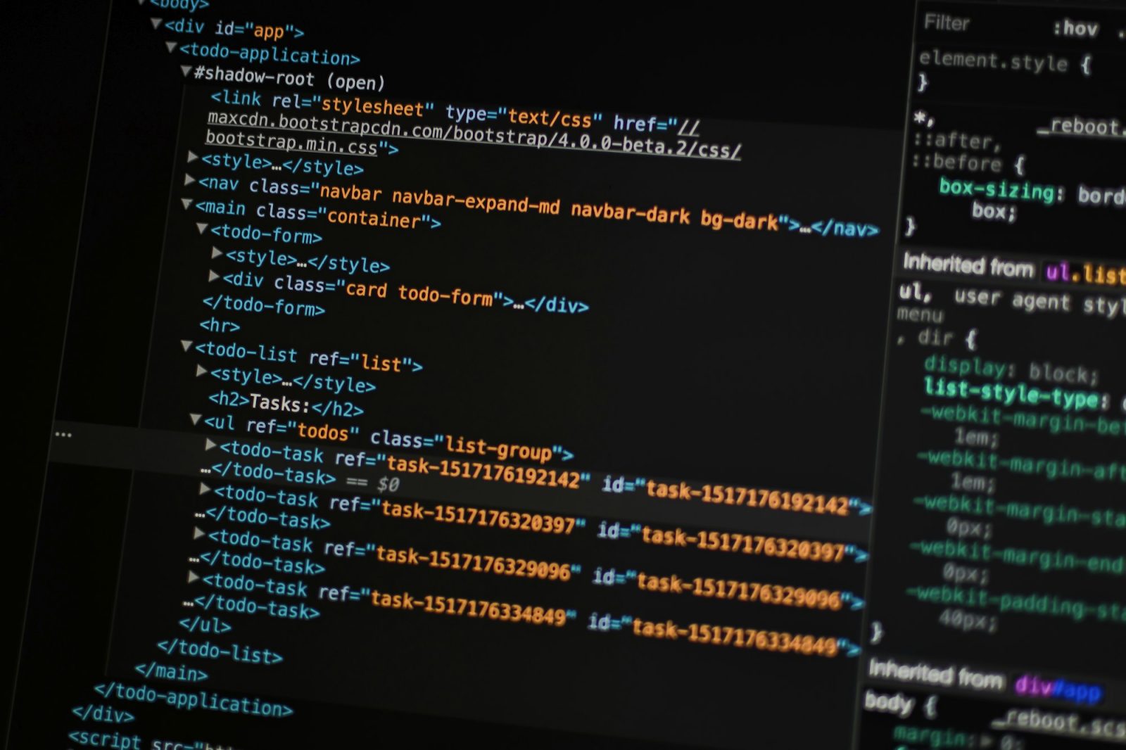 Browser developer tools showing a page's HTML tree beside the CSS rules applied to it