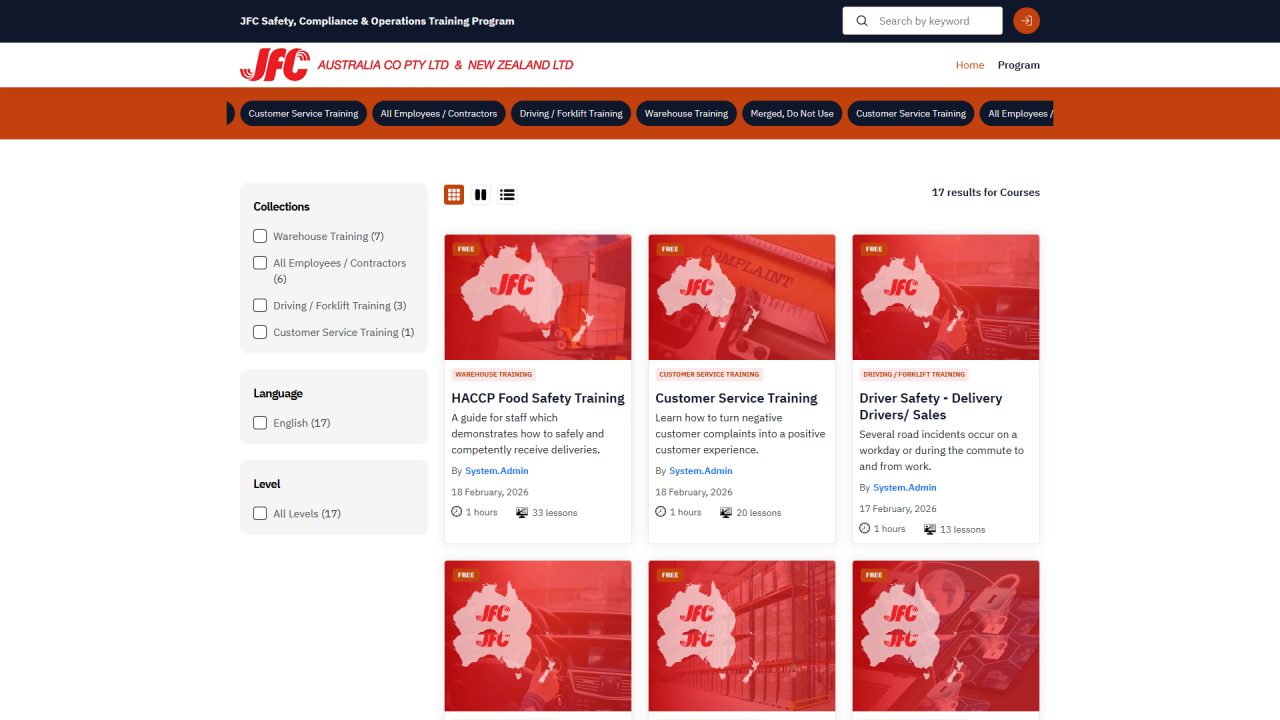 JFC training portal course catalogue built on EverLMS