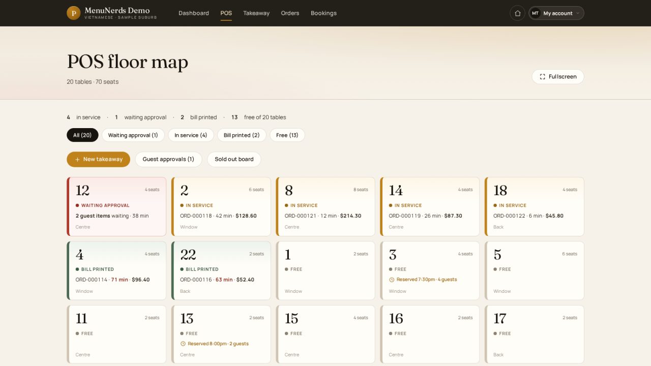 MenuNerds POS floor map with the status of each table