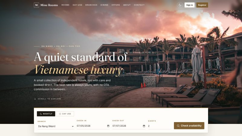 MineRooms hotel website with a direct booking form