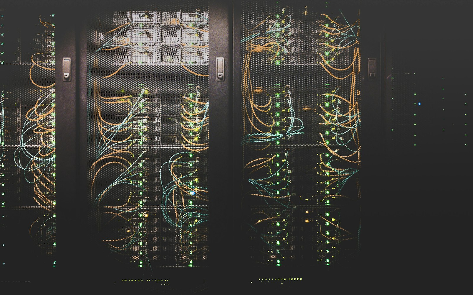 Server racks behind mesh doors, with network cabling and green status lights