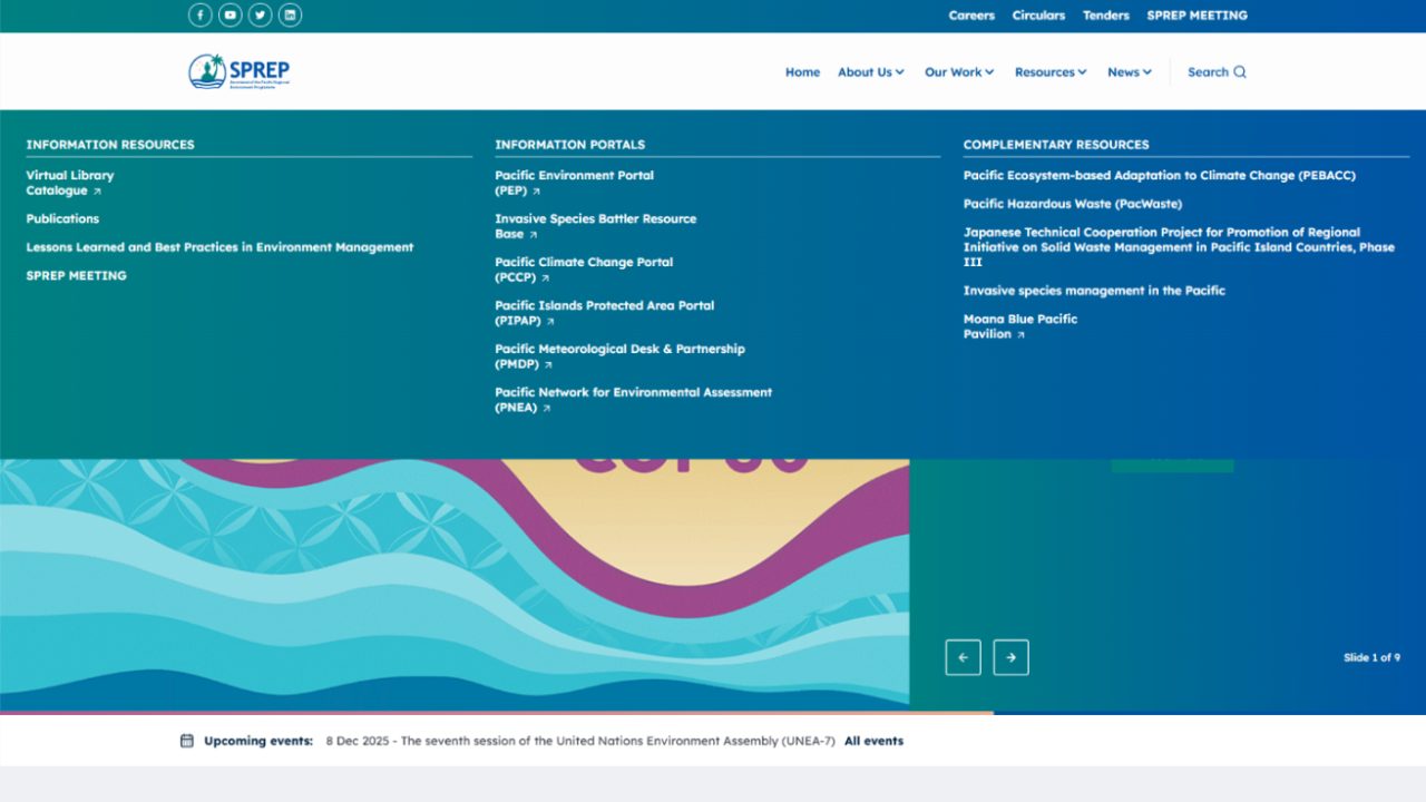 sprep.org mega menu grouping information resources, portals and complementary resources into three columns