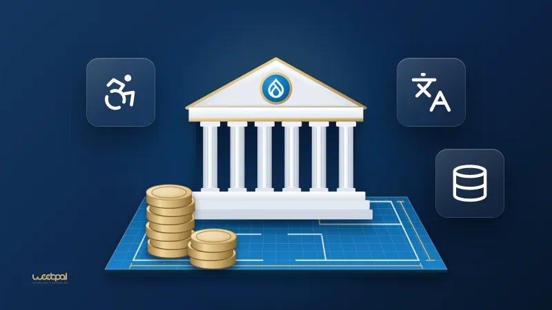 A government building with the Drupal emblem on a blueprint beside stacks of plain coins, with accessibility, language and database tiles: what drives the cost of a public sector website, with the plan first.