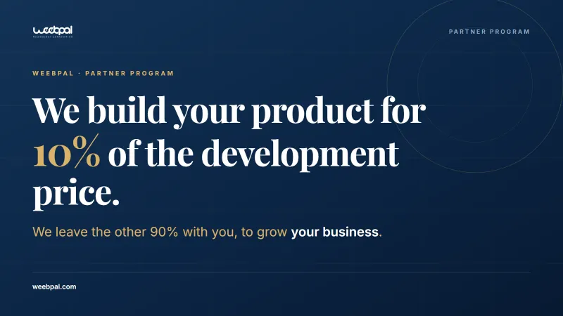 The offer set as type on a navy ground: "We build your product for", then 10% very large in gold, then "of the development price", above the line that WeebPal leaves the other 90% with you to grow your business