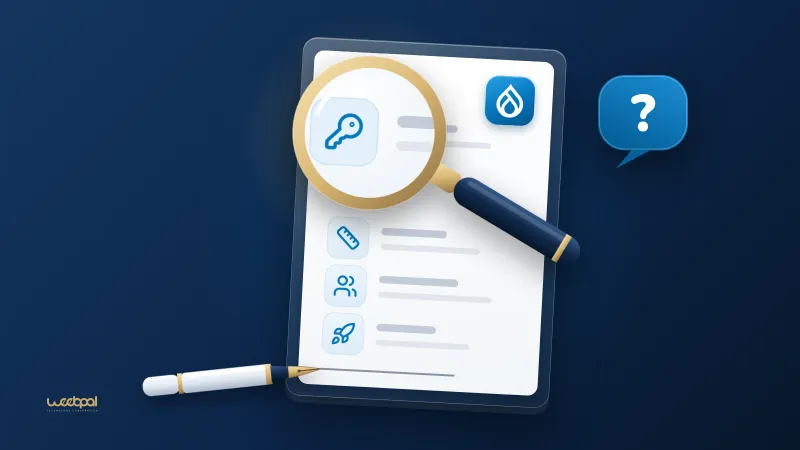 A magnifying glass over a Drupal agency contract, a pen by the blank signature line and a question bubble: check each clause before you sign.