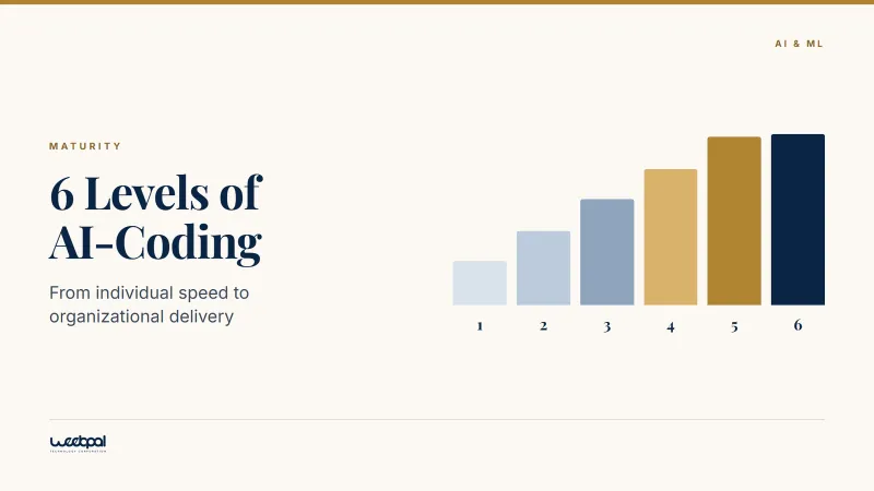 Six bars rising left to right and numbered one to six on a warm light ground, beside the title "6 Levels of AI-Coding" and the line from individual speed to organizational delivery