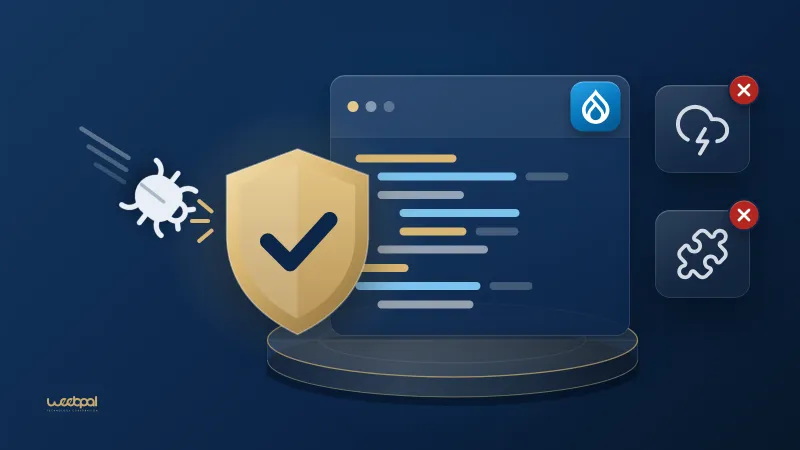 A gold shield stops a bug from reaching a Drupal code window while a storm cloud and a puzzle piece carry red crosses: a warranty covers defects in the delivered work, not hosting outages or third-party code.