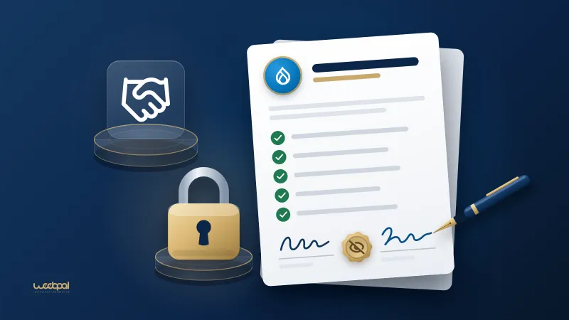 A signed contract with ticked clauses and two signatures joined by a seal with a hidden eye, beside a padlock and a handshake: a confidential white-label agreement that binds both sides.
