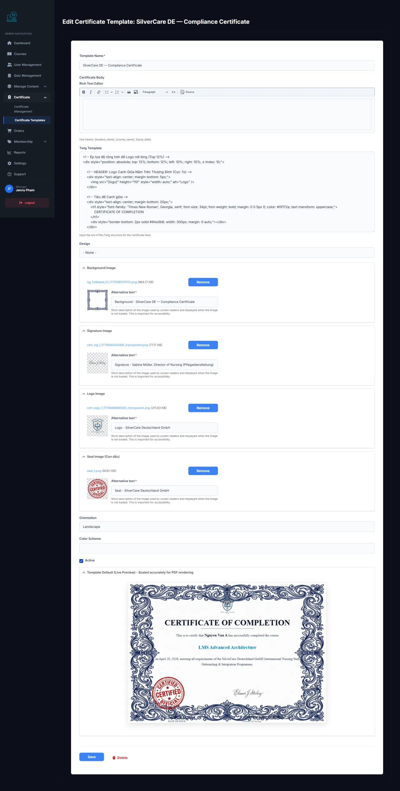 Edit Certificate