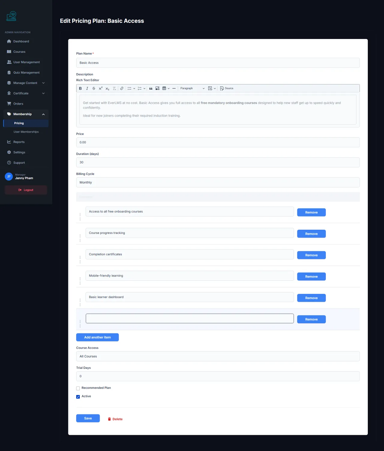 Edit Pricing Plan