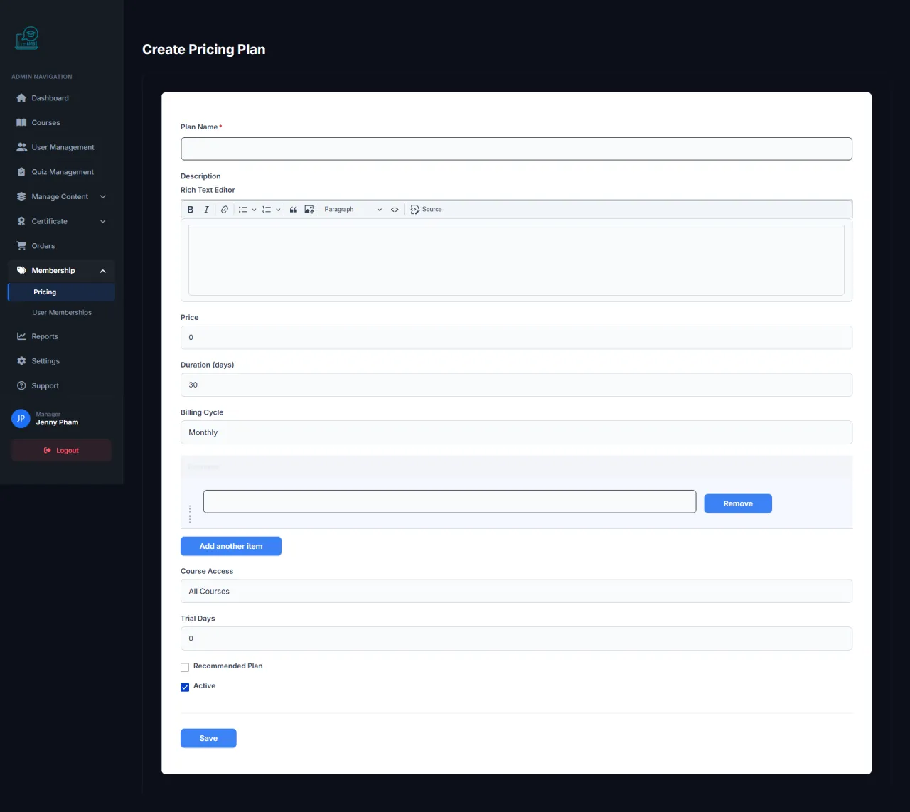 Create Pricing Plan