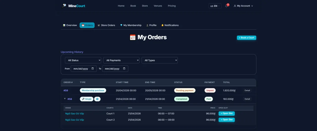 My Orders (Court Bookings)
